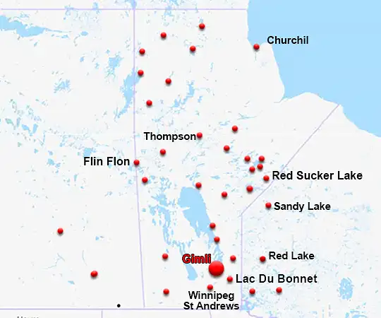 Map showing the location of Gimli in Manitoba